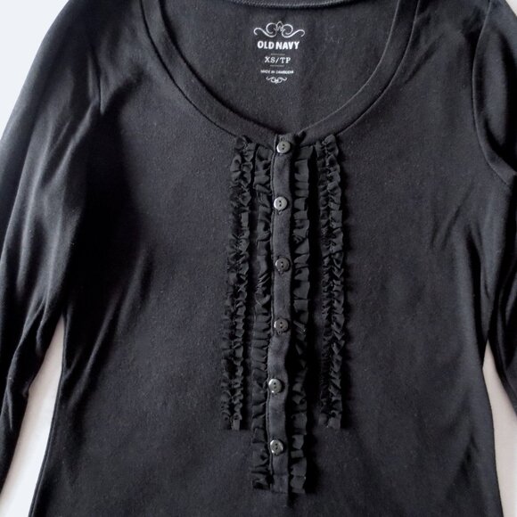Old Navy Snug Comfy Fit Black Long Sleeve T-Shirt Tee with Ruffle Tuxedo Front - Picture 3 of 5